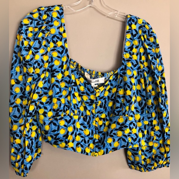 NWT DIANE VON FURSTENBERG Blue & Yellow Nectarine Dover Cropped Top Sz 12 $268 - Picture 2 of 3